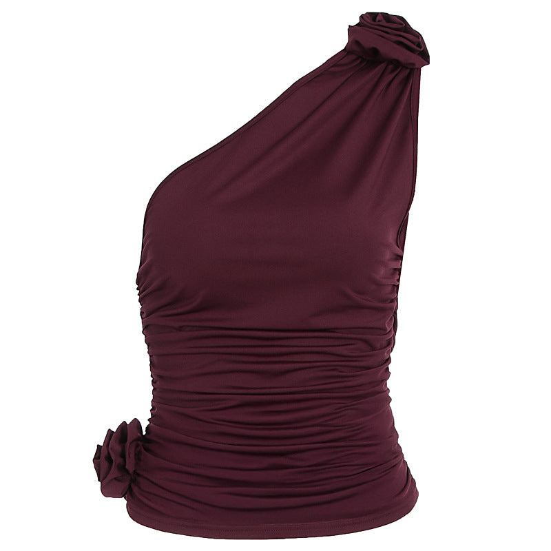 Women's Asymmetrical Ruffled Top with Floral Detail