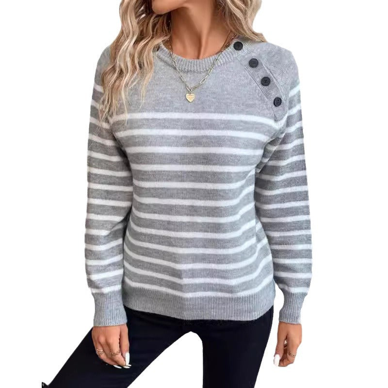 Women's Striped Sweater with Decorative Button Details and Round Neckline