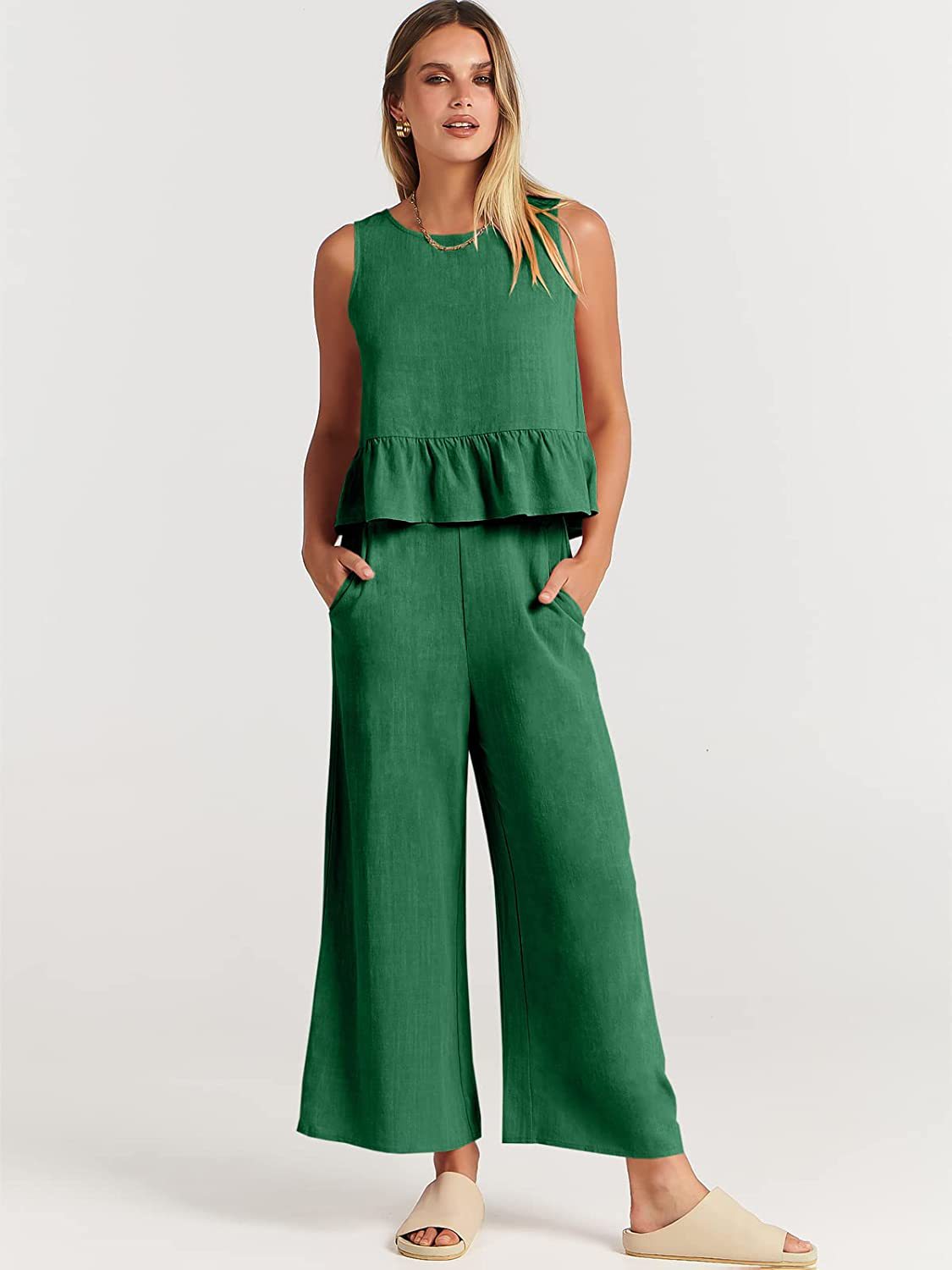 Women's Airy Two-Piece Set with Chic Peplum Top and Wide-Leg Pants