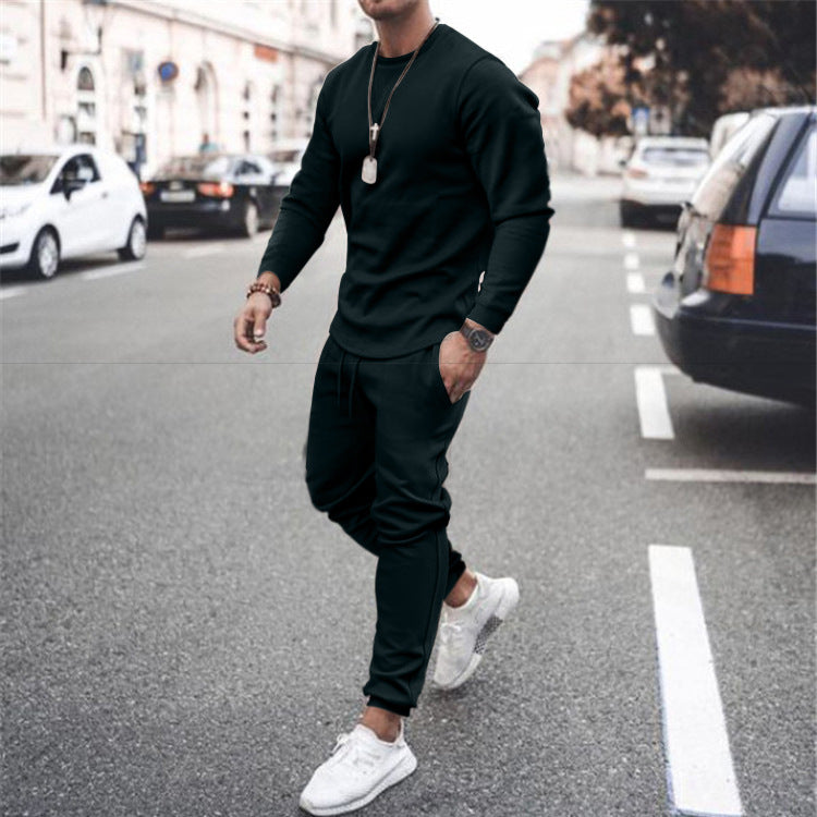 Men's Casual Crew Neck Training Set made of Stretch Cotton Blend with Drawstring Joggers