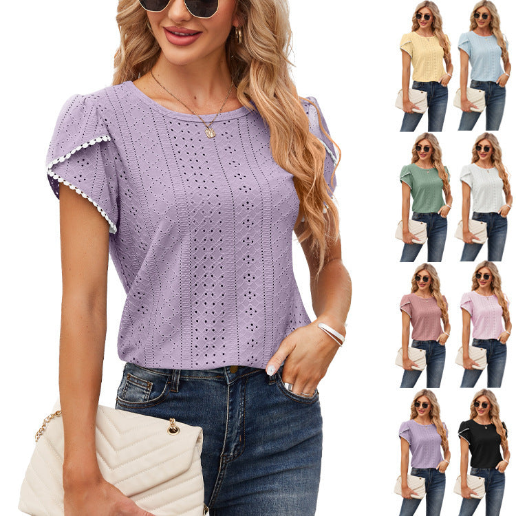 Women's Elegant Blouse with Ruffled Sleeves and Eyelet Pattern