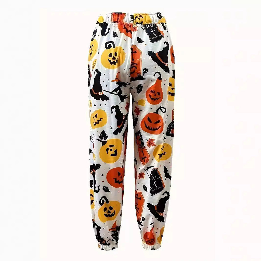 Women's Casual Pants with Colorful Halloween Motif and Elastic Waist