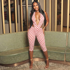 Women's Form-Fitting Deep V-Neck Jumpsuit with Tie Belt