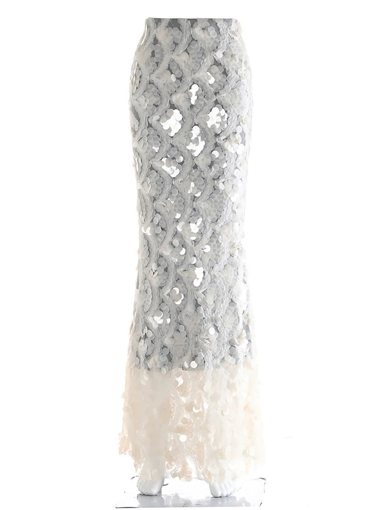Women's Maxi Skirt with Unique Ruffle Design and Sheer Lace