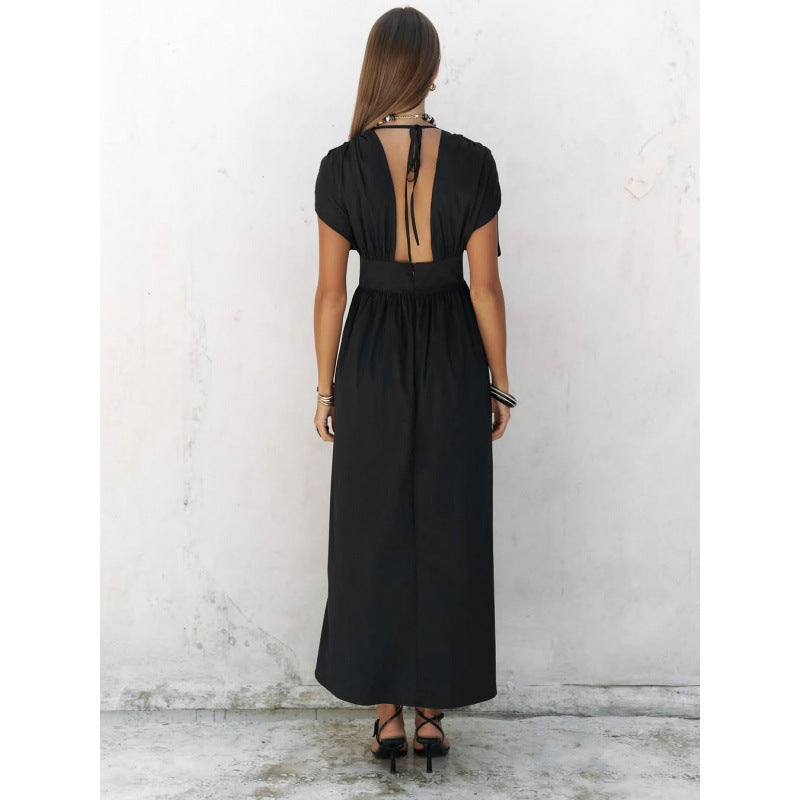 Women's Elegant Maxi Dress with Refined Wrap Design and Deep V-Neck