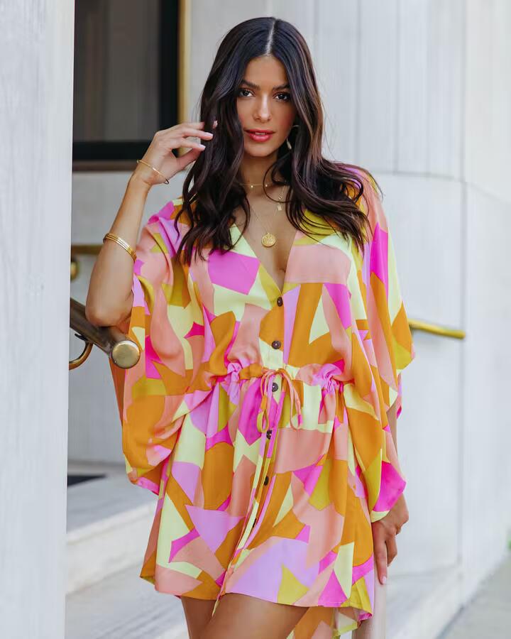 Women's Beach Dress with Elegant Waist Tie and Unique Pattern