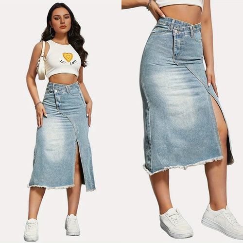 Asymmetric Denim Skirt with High Side Slits
