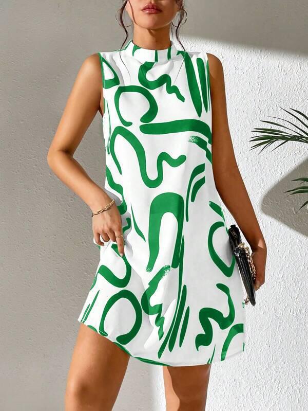 Women's A-Line Mini Dress with Modern Graphic Pattern and Stand-Up Collar
