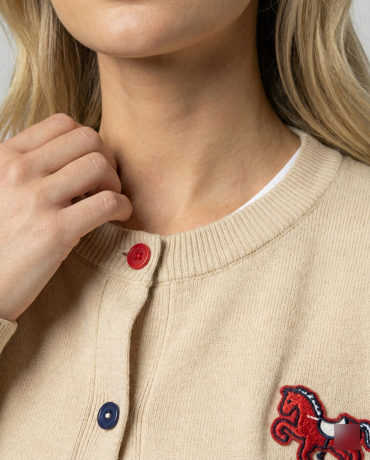 Women's Fine Knit Cardigan with Crew Neck and Horse Appliqué