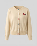 Women's Fine Knit Cardigan with Crew Neck and Horse Appliqué