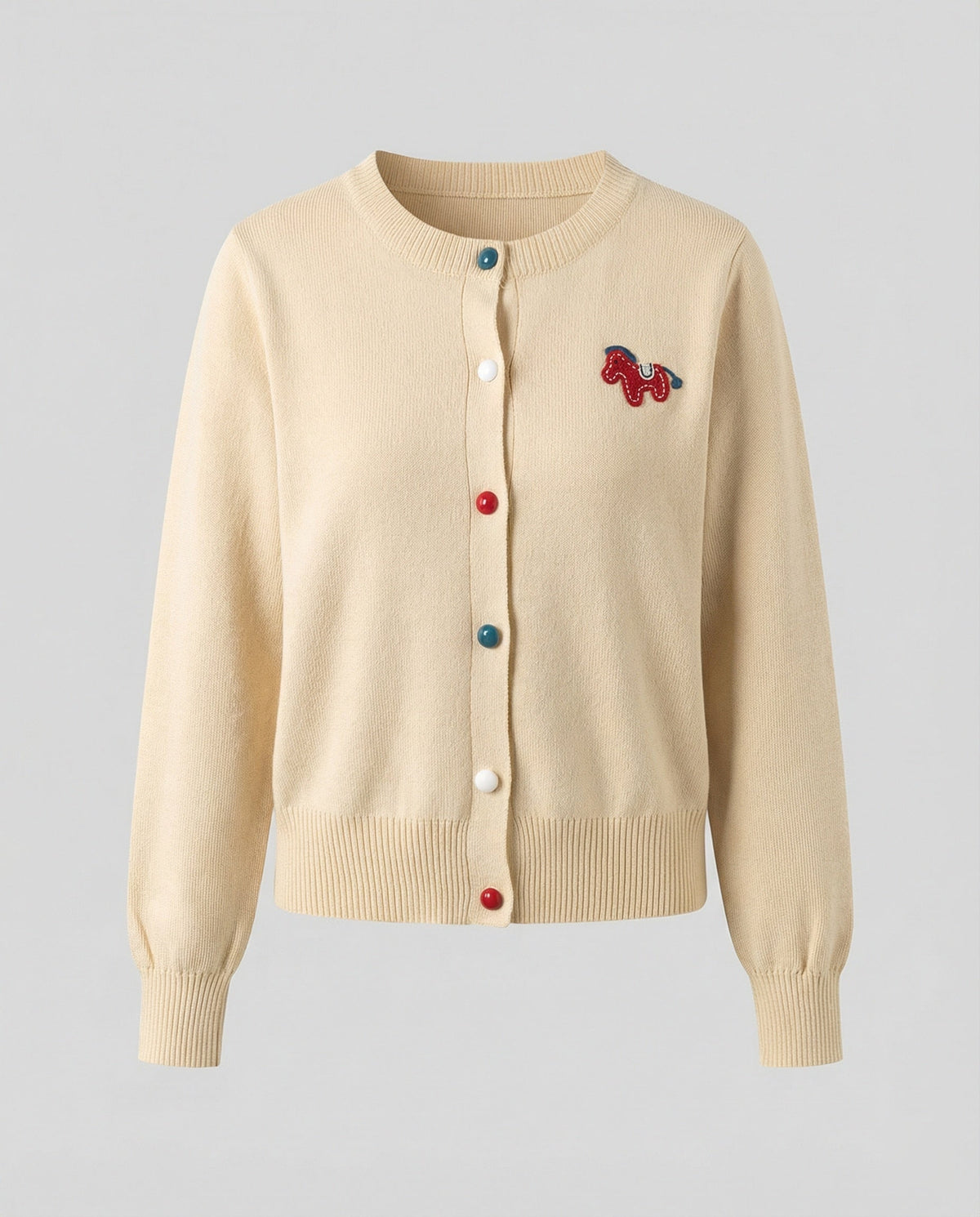 Women's Fine Knit Cardigan with Crew Neck and Horse Appliqué