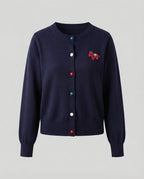 Women's Fine Knit Cardigan with Crew Neck and Horse Appliqué