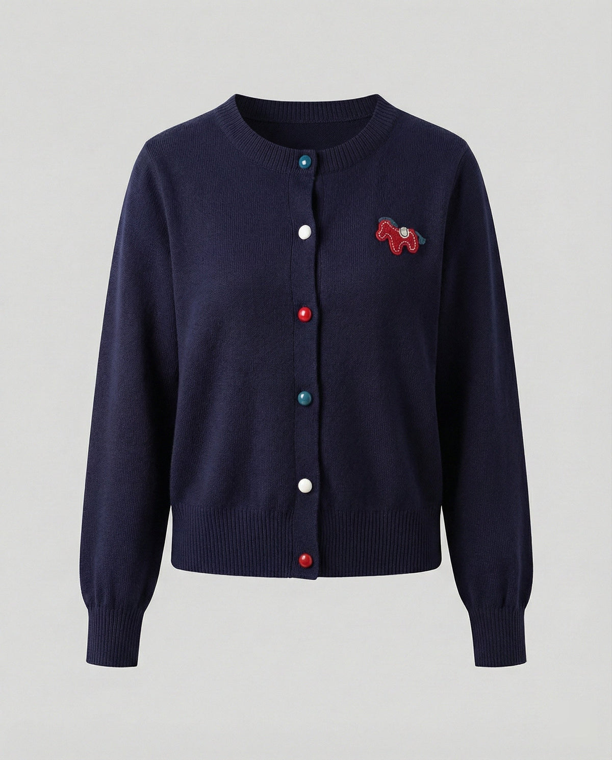 Women's Fine Knit Cardigan with Crew Neck and Horse Appliqué