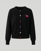 Women's Fine Knit Cardigan with Crew Neck and Horse Appliqué