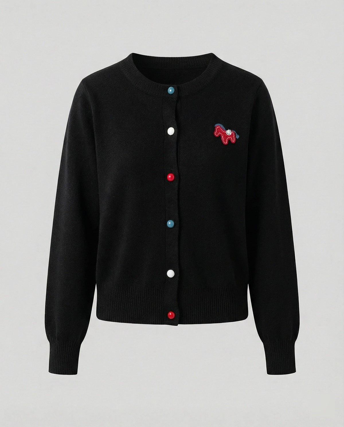 Women's Fine Knit Cardigan with Crew Neck and Horse Appliqué