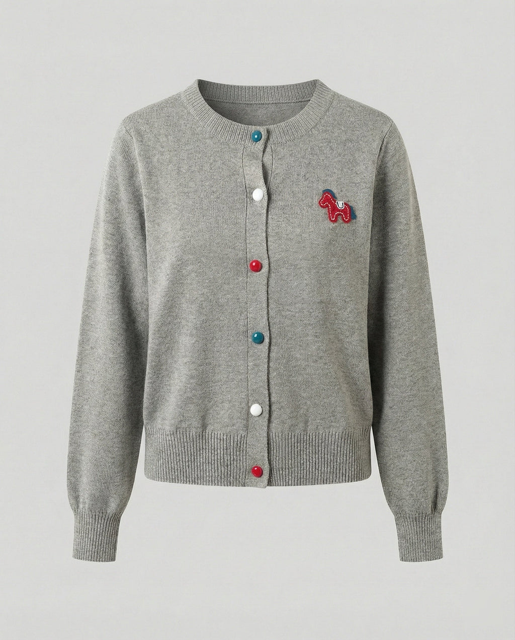 Women's Fine Knit Cardigan with Crew Neck and Horse Appliqué