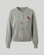Women's Fine Knit Cardigan with Crew Neck and Horse Appliqué