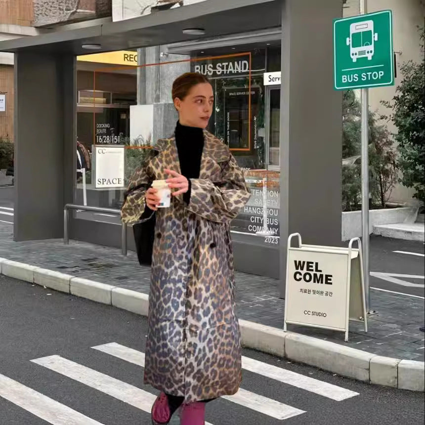 Women's Fashionable Leopard Print Trench Jacket