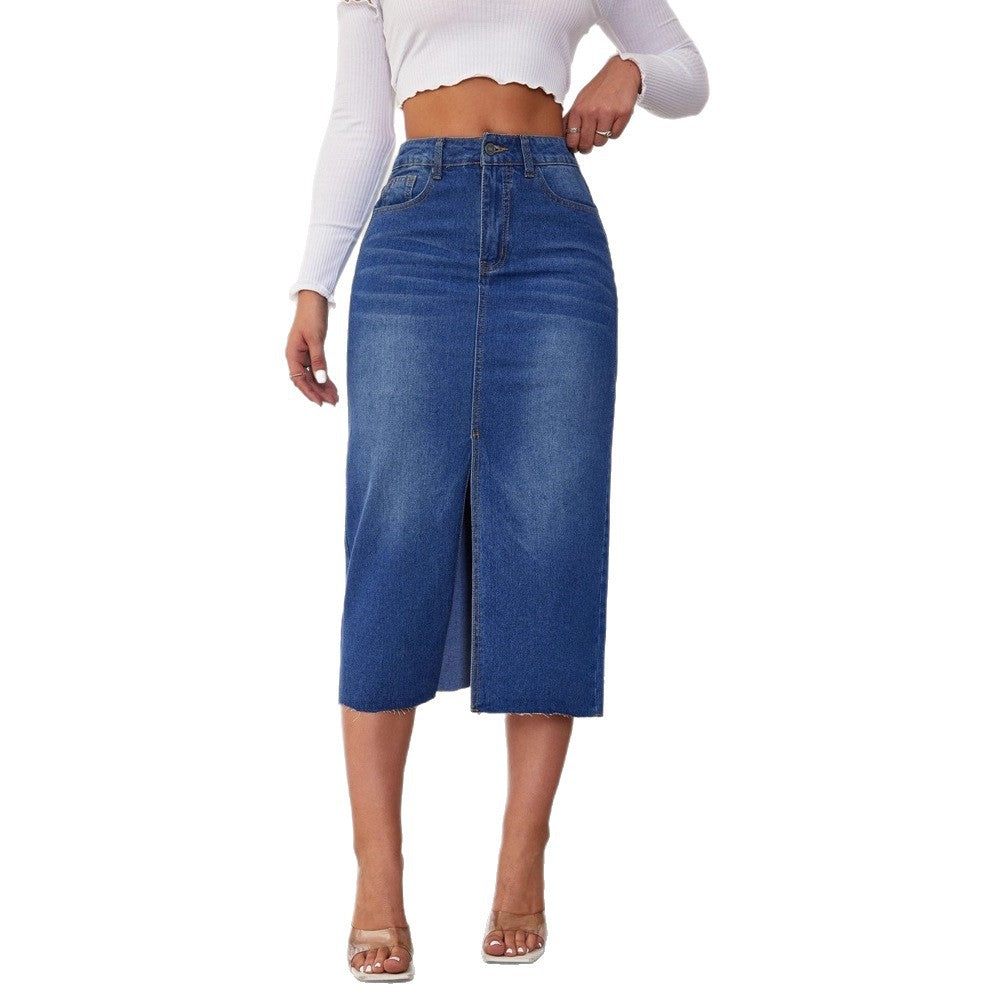 Women's Midi Denim Skirt with Slit and Casual A-Line Cut