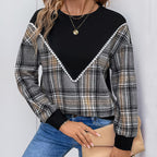 Women's Comfortable Plaid Sweater with Decorative V-Neck and Elastic Cuffs