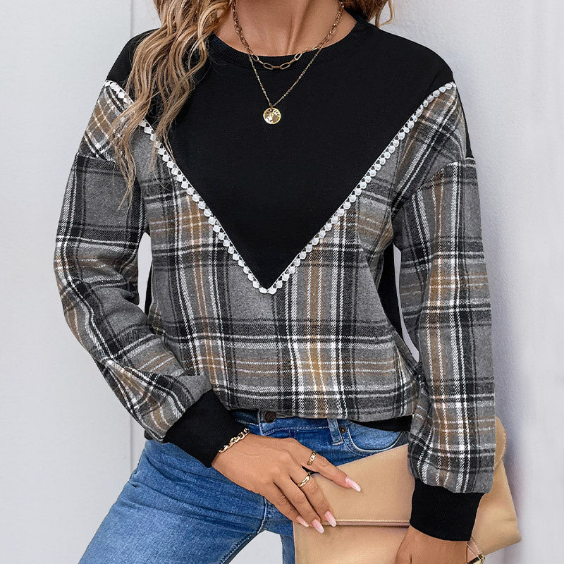 Women's Comfortable Plaid Sweater with Decorative V-Neck and Elastic Cuffs