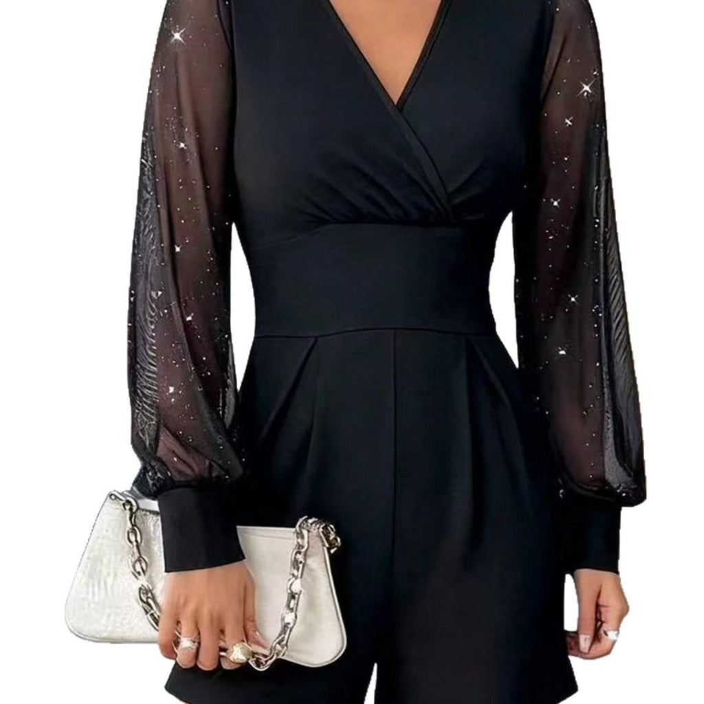 Elegant Jumpsuit with Sheer Puff Sleeves and V-Neck