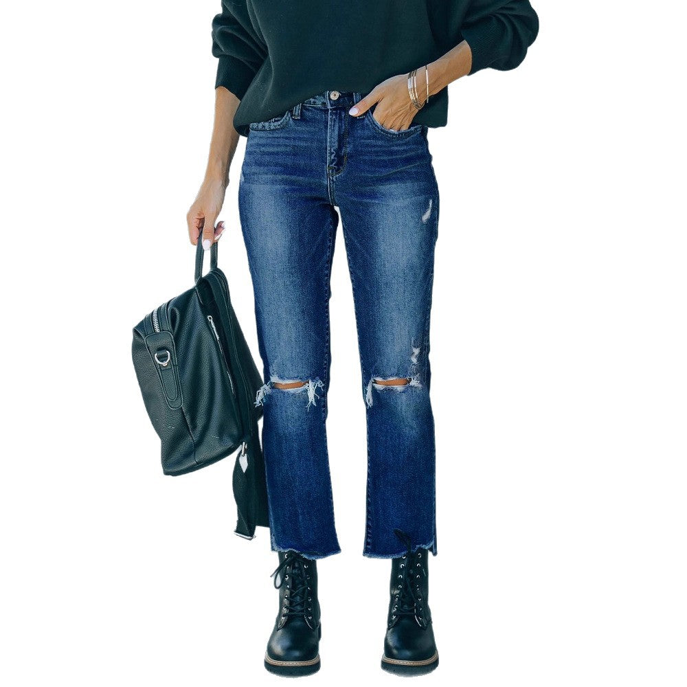 Women's Cropped Jeans with Distressed Details