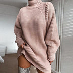 Women's Chunky Knit Sweater with High Collar and Asymmetrical Hem