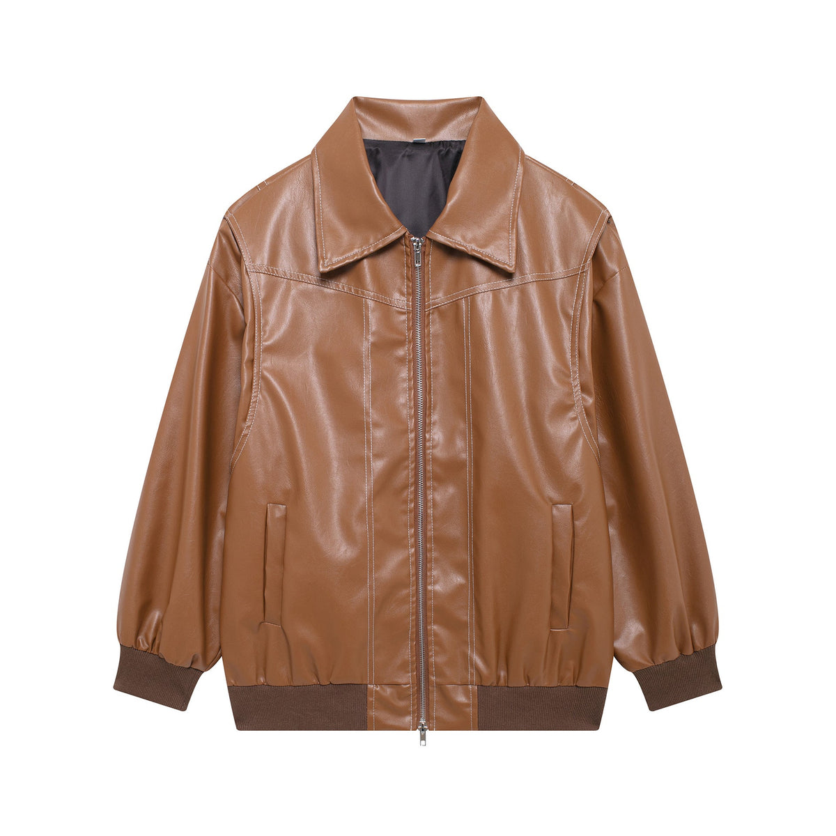 Women's Elegant Faux Leather Jacket with High Collar and Elastic Cuffs