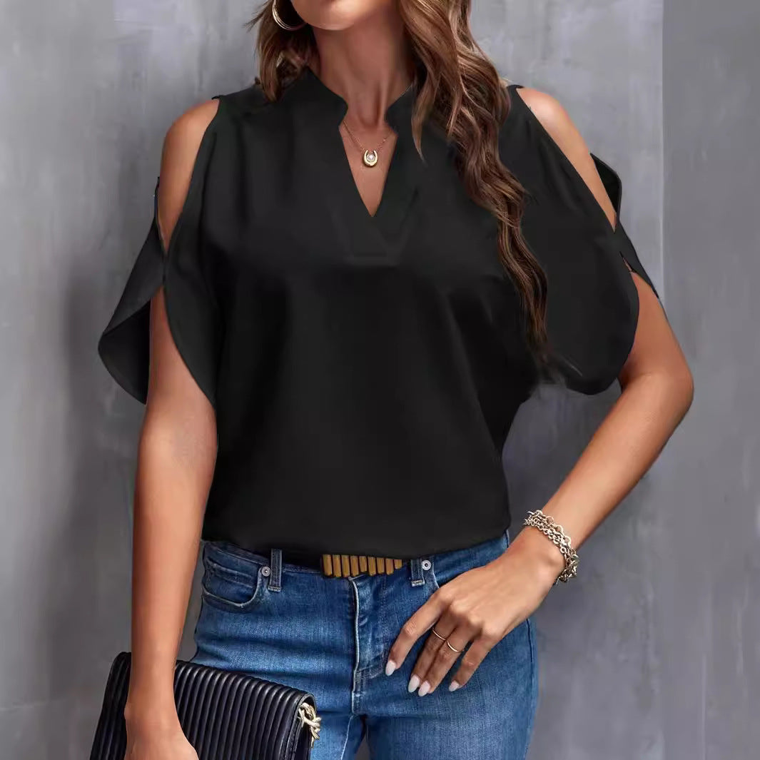 Elegant Women's Blouse with Off-Shoulder and Stand-Up Collar