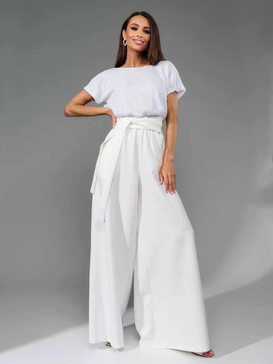 Glittering Wide-Leg Jumpsuit with Waist Belt