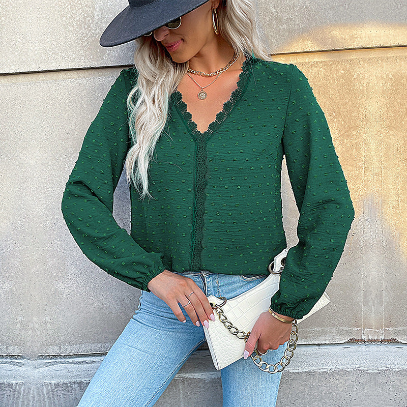 Women's Blouse with Fine Texture Details and Romantic Lace Insert