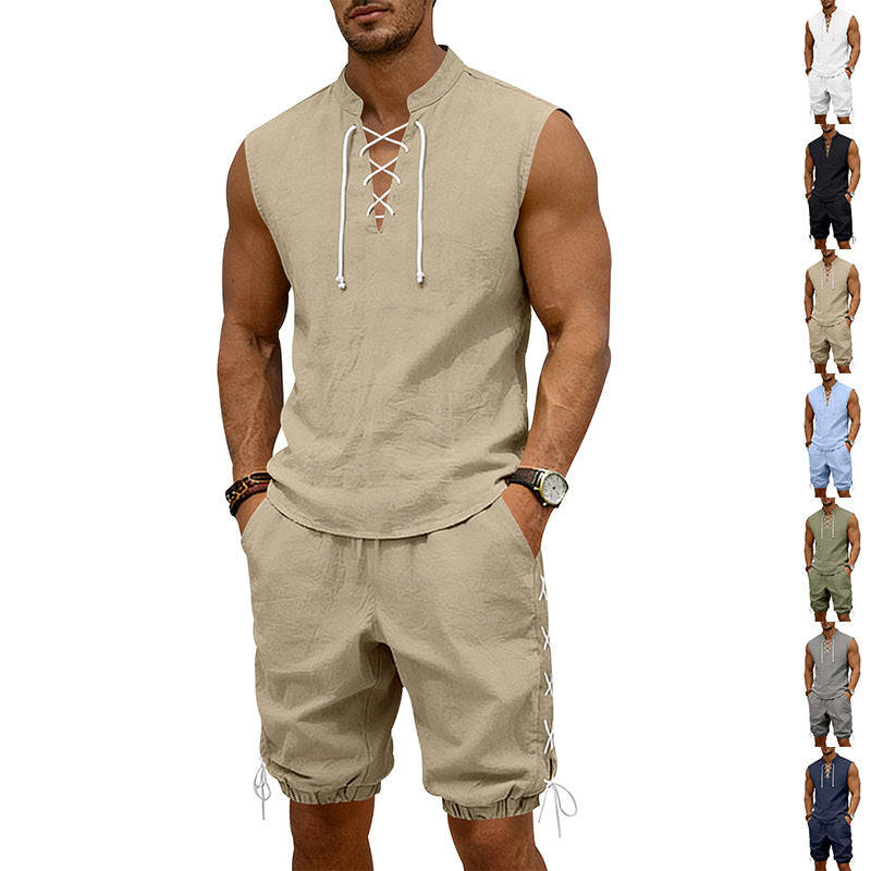 Men's Sleeveless Leisure Set with Lace Collar and Drawstring Bermuda