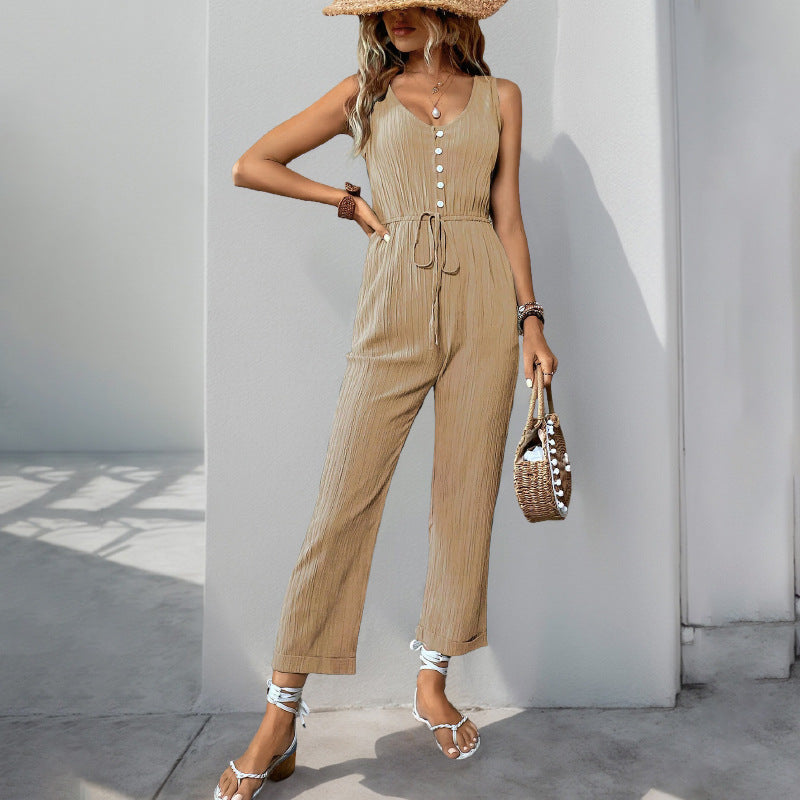 Elegant Jumpsuit with Button Placket and Adjustable Belt