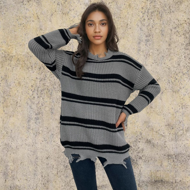 Women's Chunky Knit Oversized Sweater with Fringe and Stripes