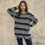 Women's Chunky Knit Oversized Sweater with Fringe and Stripes
