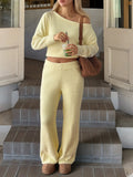 Women's Cozy Bouclé Lounge Set with One-Shoulder Crop Pullover and High-Waist Palazzo Pants