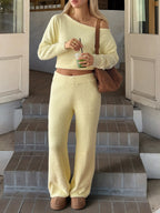 Women's Cozy Bouclé Lounge Set with One-Shoulder Crop Pullover and High-Waist Palazzo Pants