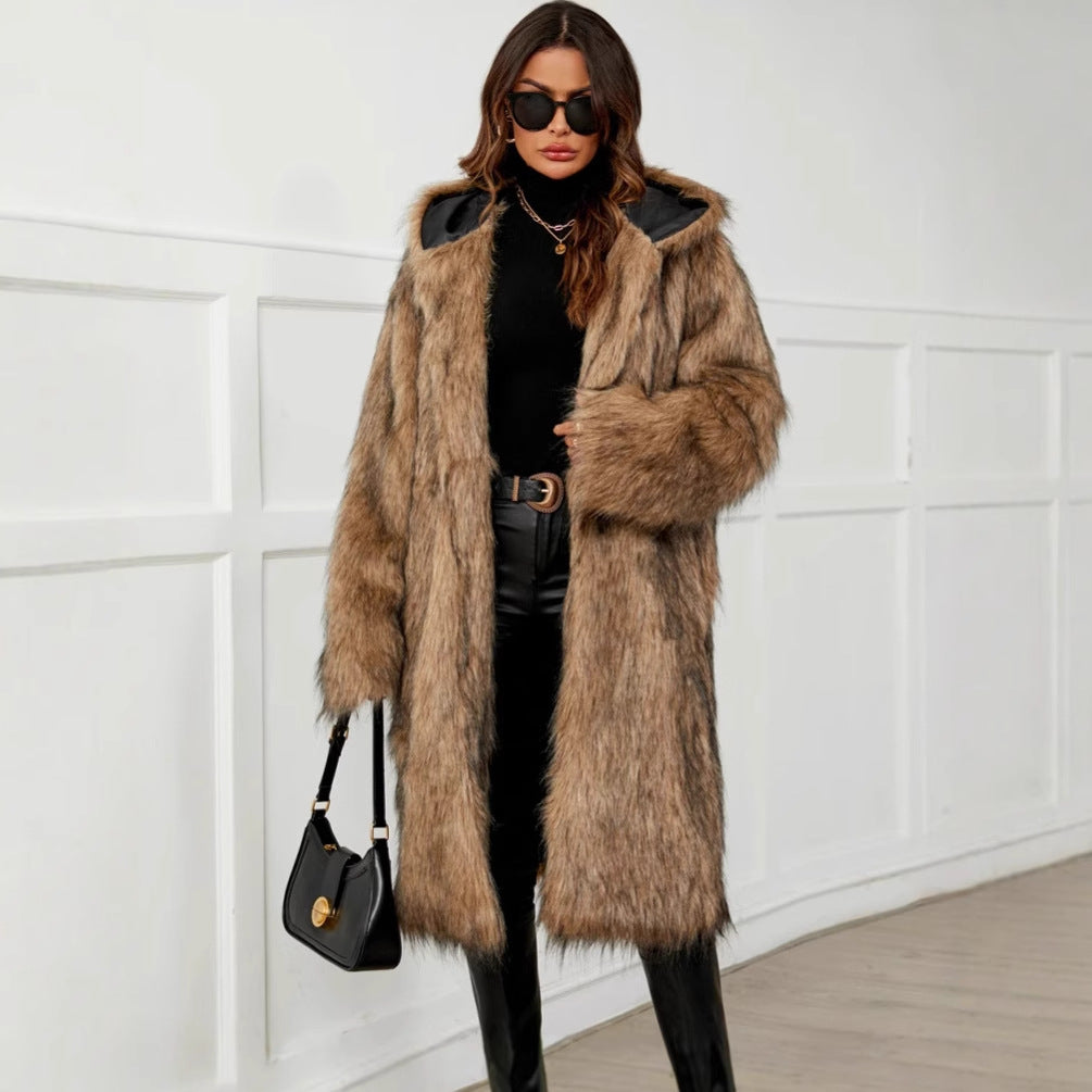 Women's Faux Fur Coat with Hood and Soft Lining