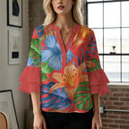Women's Floral Top with Voluminous Ruffled Sleeves