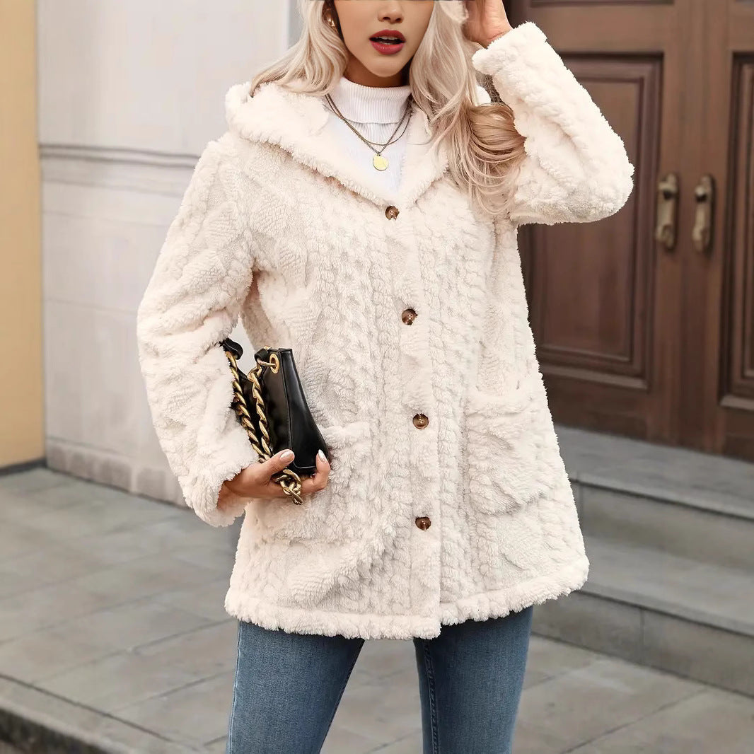 Women's Soft Plush Jacket with Hood and Pockets