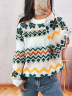 Women's Chunky Knit Sweater with Colorful Zigzag Pattern and Floral Accents