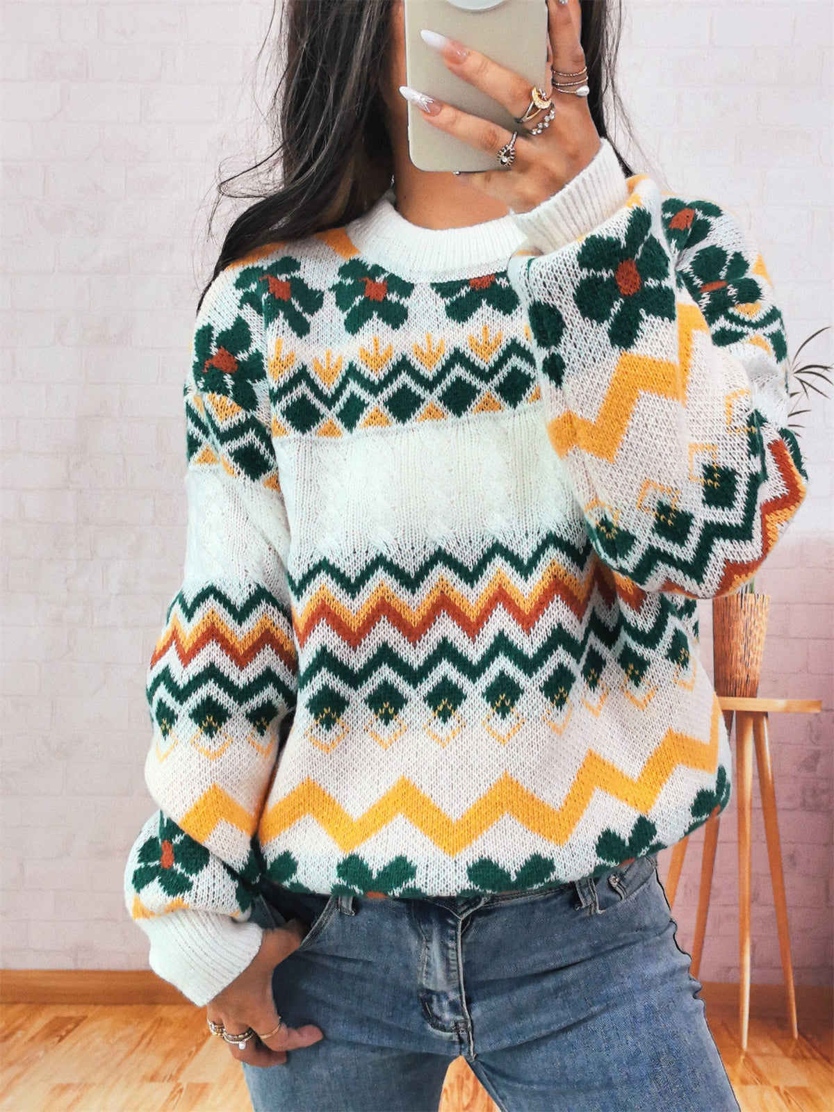 Women's Chunky Knit Sweater with Colorful Zigzag Pattern and Floral Accents
