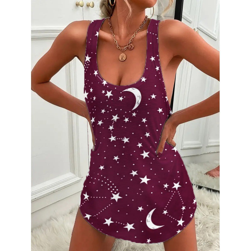 Airy Tank Top with Star and Moon Motif
