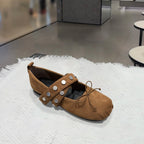 Women's Suede Ballet Flats with Fashionable Strap Design and Stylish Press Studs