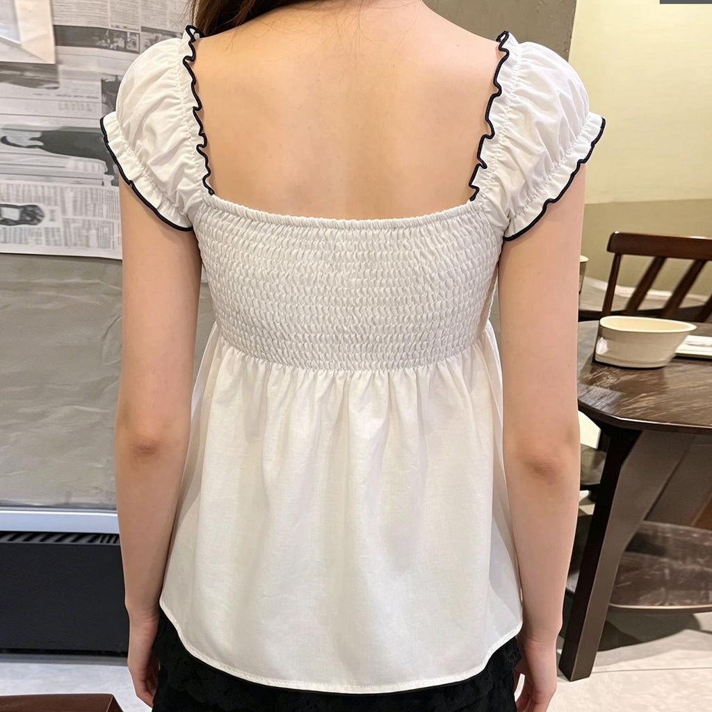 Women's Cotton Blouse with Floral Embroidery and Ruffled Hem