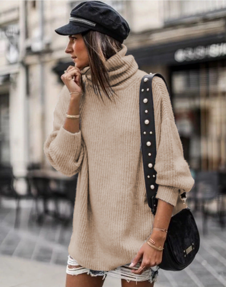 Women's Chunky Knit Sweater with High Collar and Casual Fit