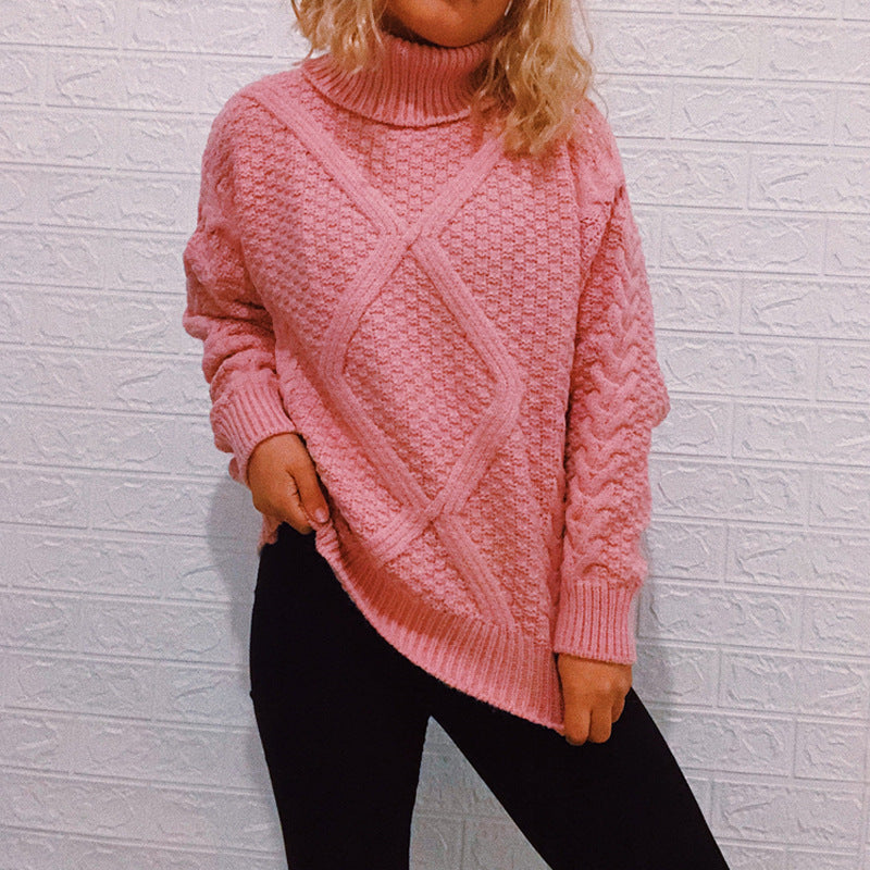 Women's Chunky Knit Sweater with Cable Pattern and High Collar