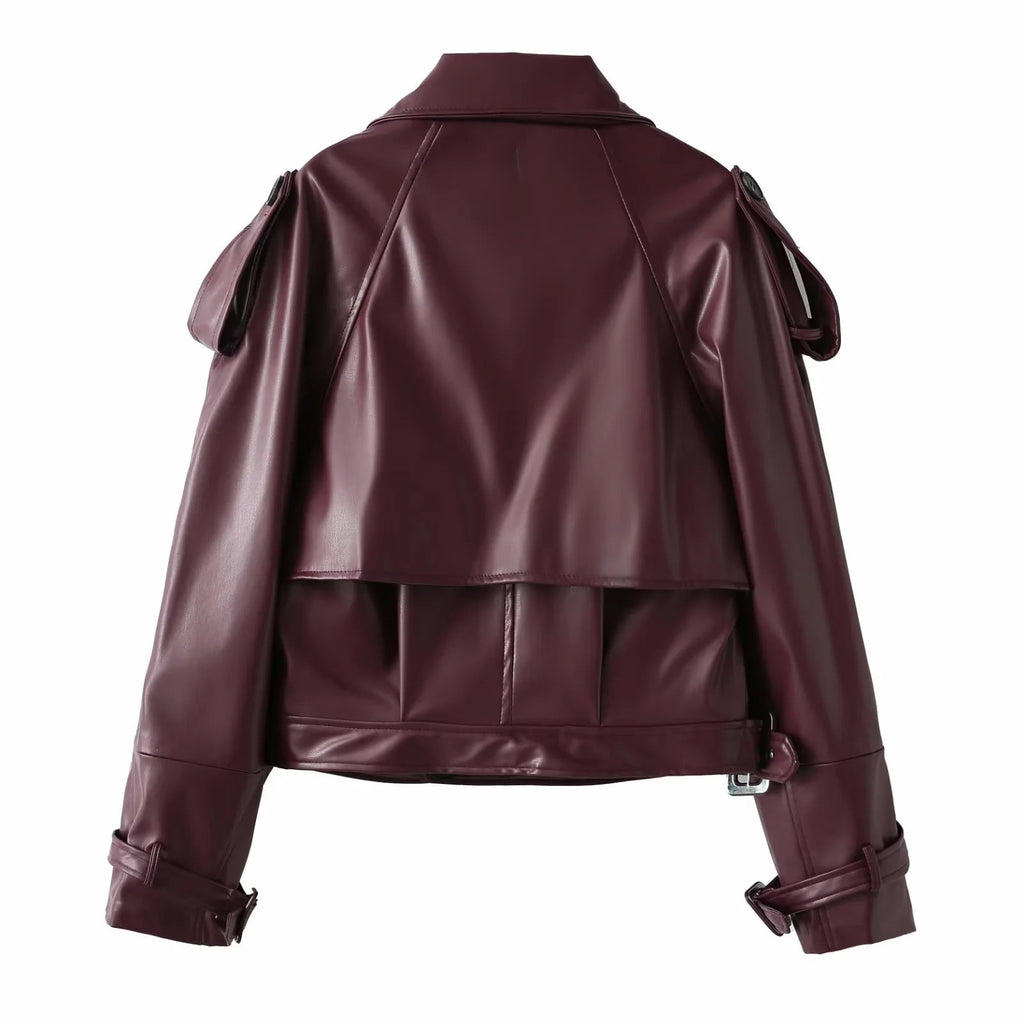 Women's Cool Cropped Faux Leather Jacket with Asymmetrical Collar