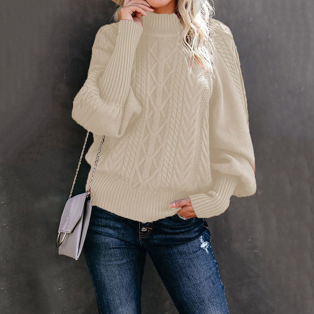 Women's Chunky Knit Sweater with High Neck and Casual Balloon Sleeves